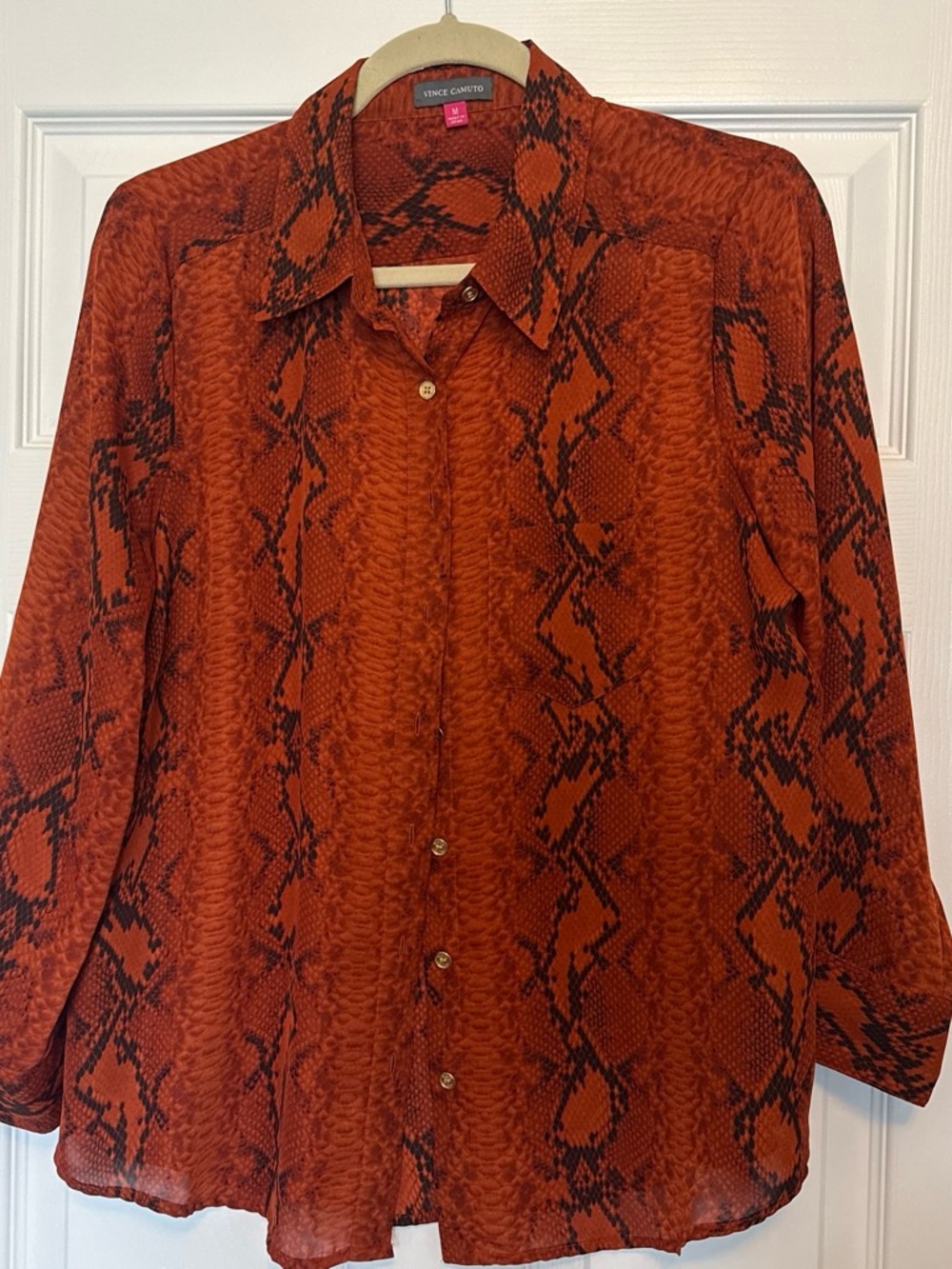 Vince Camuto Rust and Black Snake-Print Button-Down Blouse